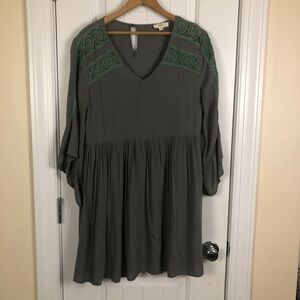 Entro Womens Mini Dress Small Olive Green  Babydoll Flowy Boho Cottage Whimsical